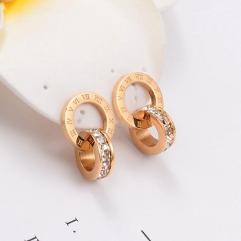 Top Brand Hight Quality Titanium Steel Double Wound Roman Numerals Crystal Stud Earrings For Women Gift Jewelry